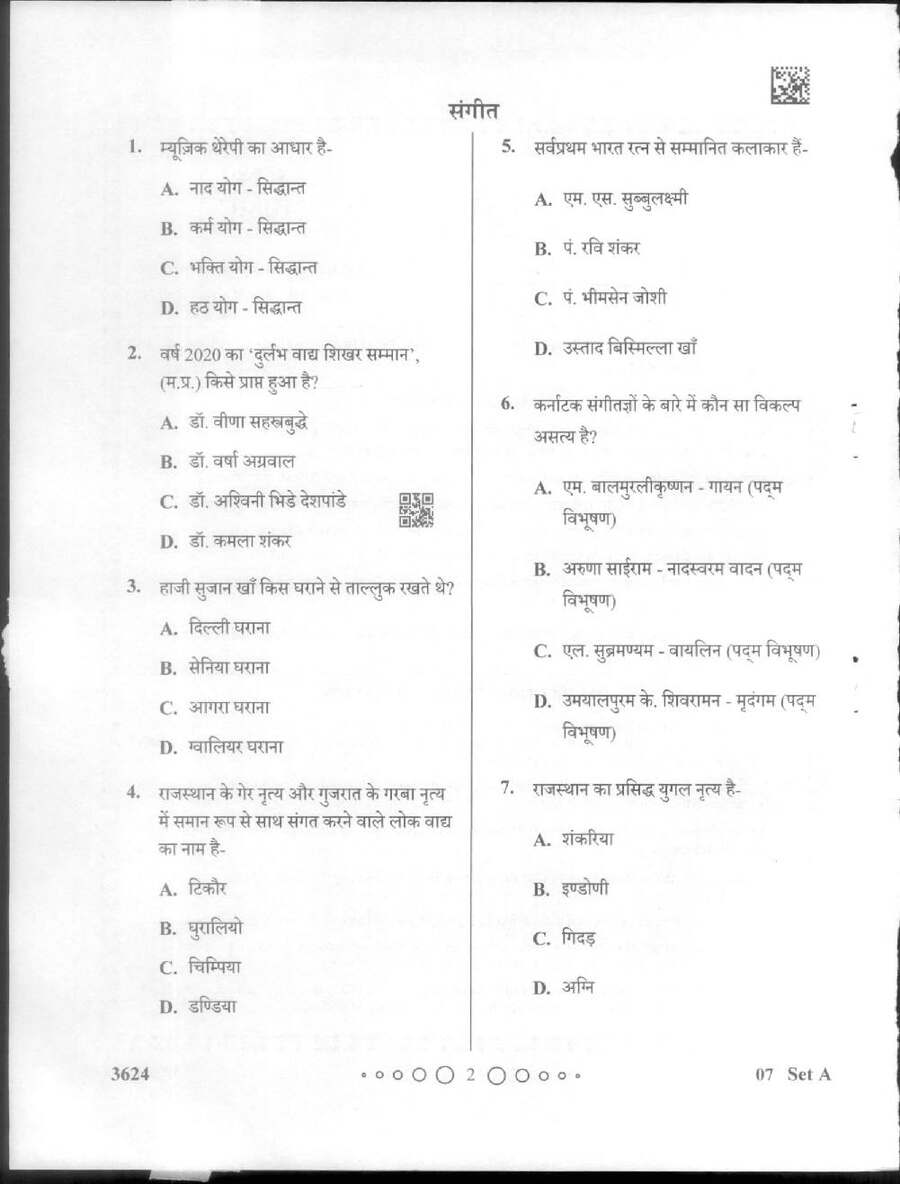 MPPSC Assistant Professor Music question paper 2024 page 1 instructions scan PDF download