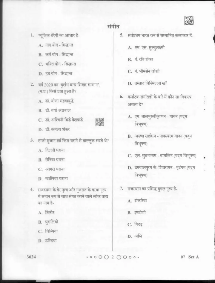 MPPSC Assistant Professor Music question paper 2024 page 1 instructions scan PDF download