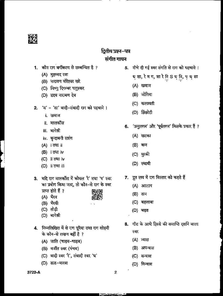 MPPSC Assistant Professor Music Vocal 2022 question paper page 1 instructions scan PDF download