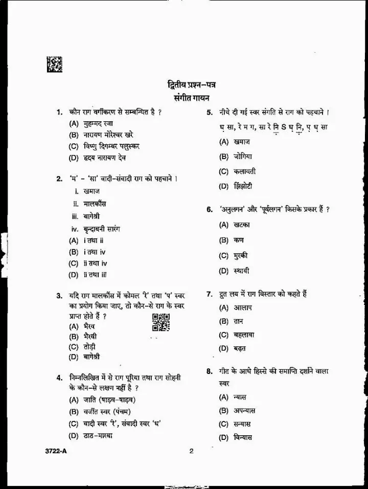 MPPSC Assistant Professor Music Vocal 2022 question paper page 1 instructions scan PDF download