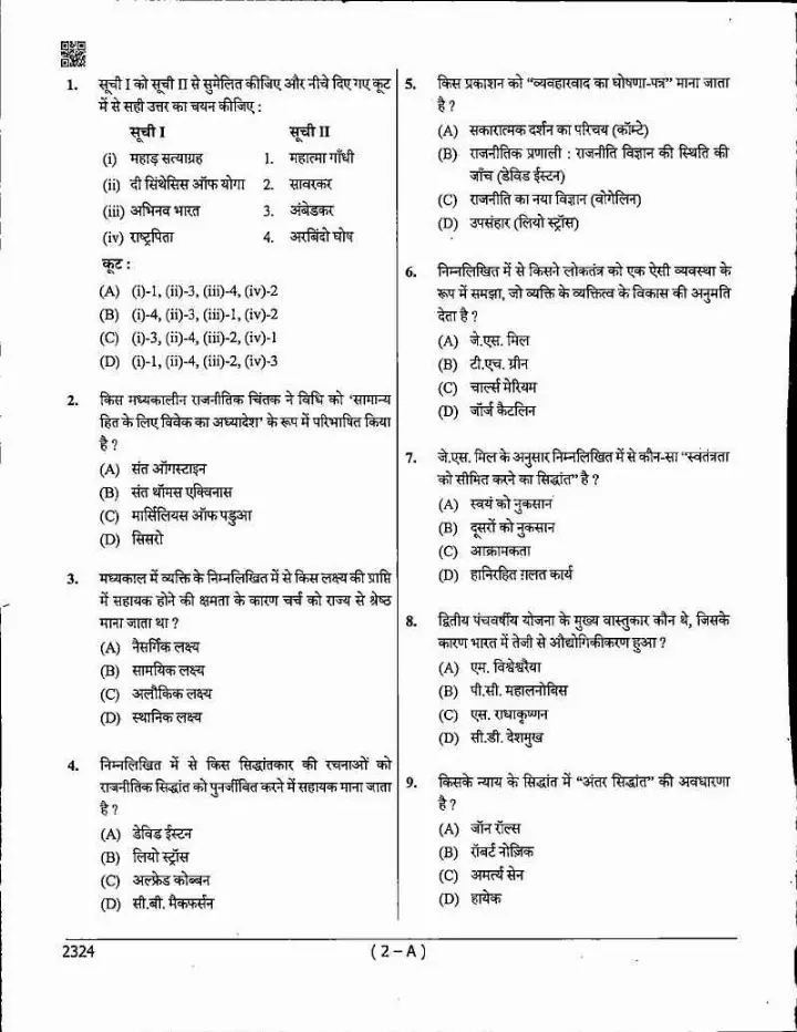 MPPSC Assistant Professor Political Science 2024 question paper page 1 instructions scan PDF download