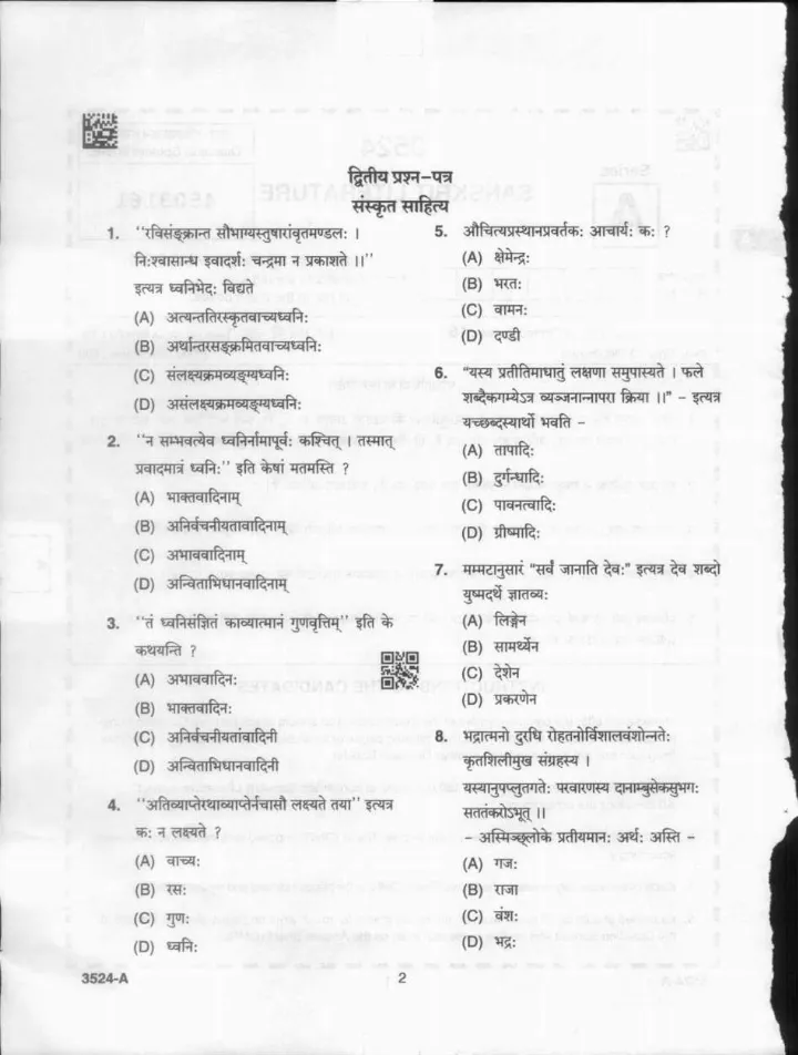 MPPSC Assistant Professor Sanskrit Literature 2024 question paper page 1 instructions scan PDF download