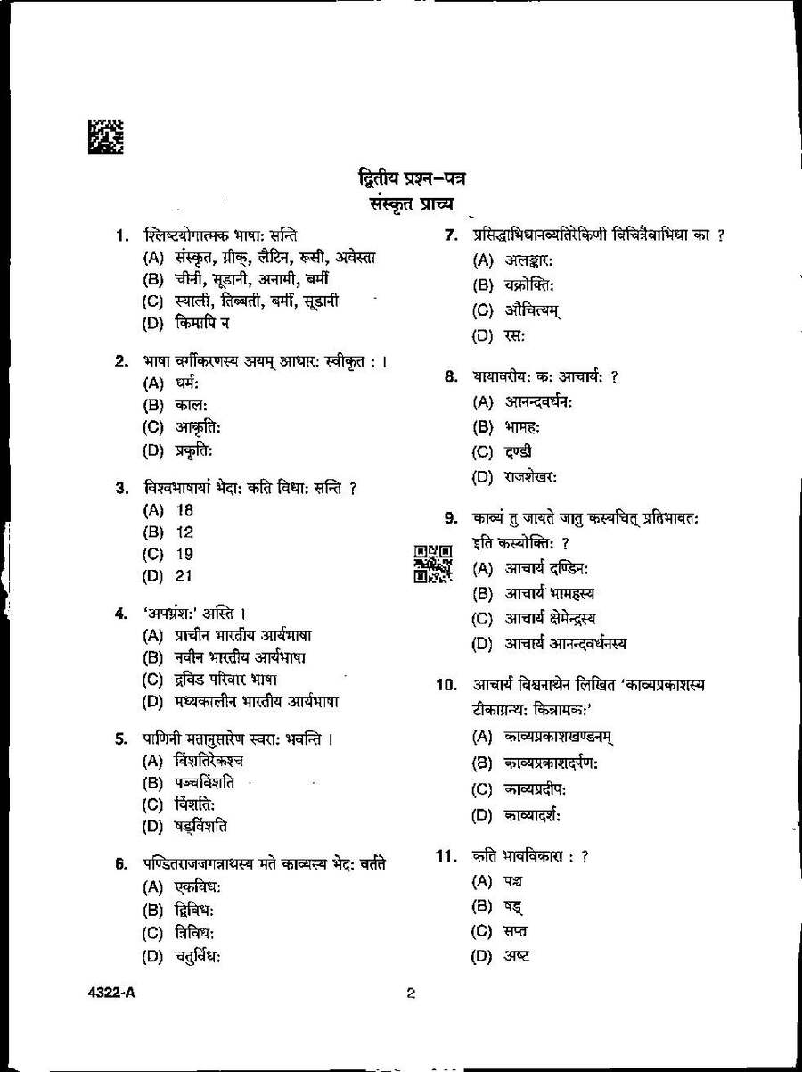 MPPSC Assistant Professor Sanskrit Prachya 2022 question paper page 1 instructions scan PDF download
