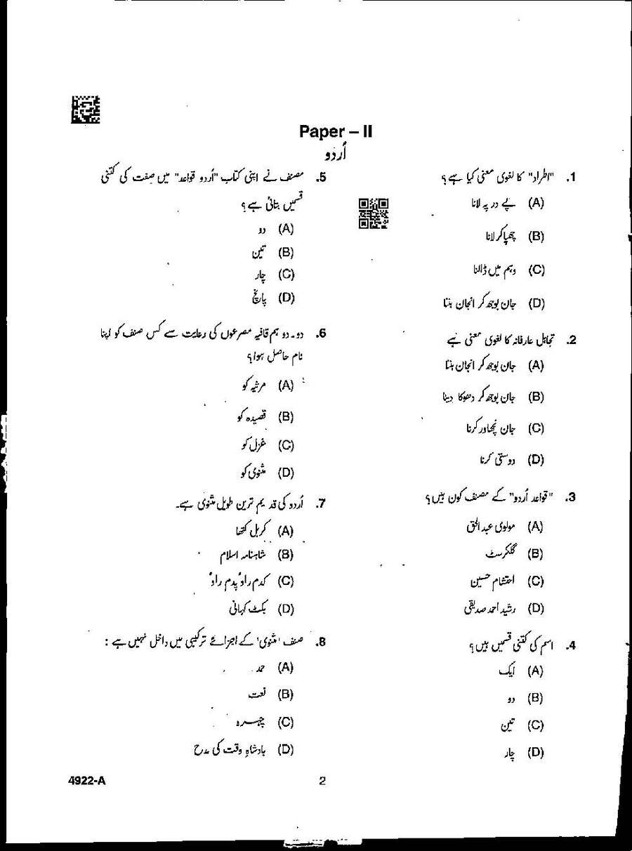 MPPSC Assistant Professor Urdu question paper 2022 page 1 instructions scan PDF download