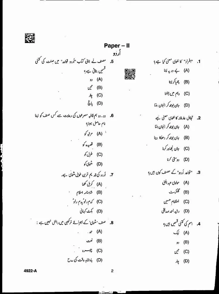 MPPSC Assistant Professor Urdu question paper 2022 page 1 instructions scan PDF download