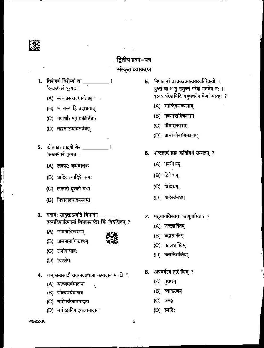 MPPSC Sanskrit Grammar 2022 Assistant Professor Exam — page 1 instructions scan PDF download