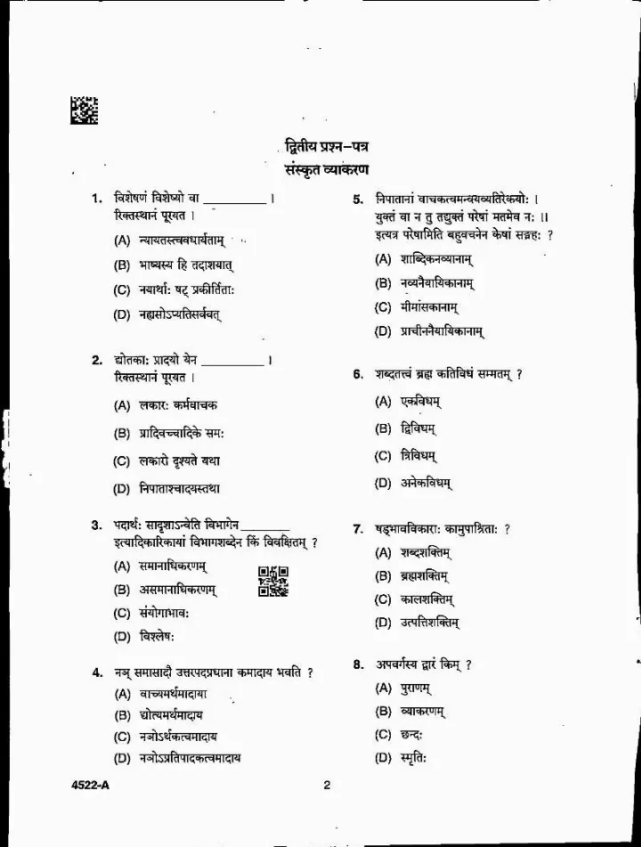 MPPSC Sanskrit Grammar 2022 Assistant Professor Exam — page 1 instructions scan PDF download