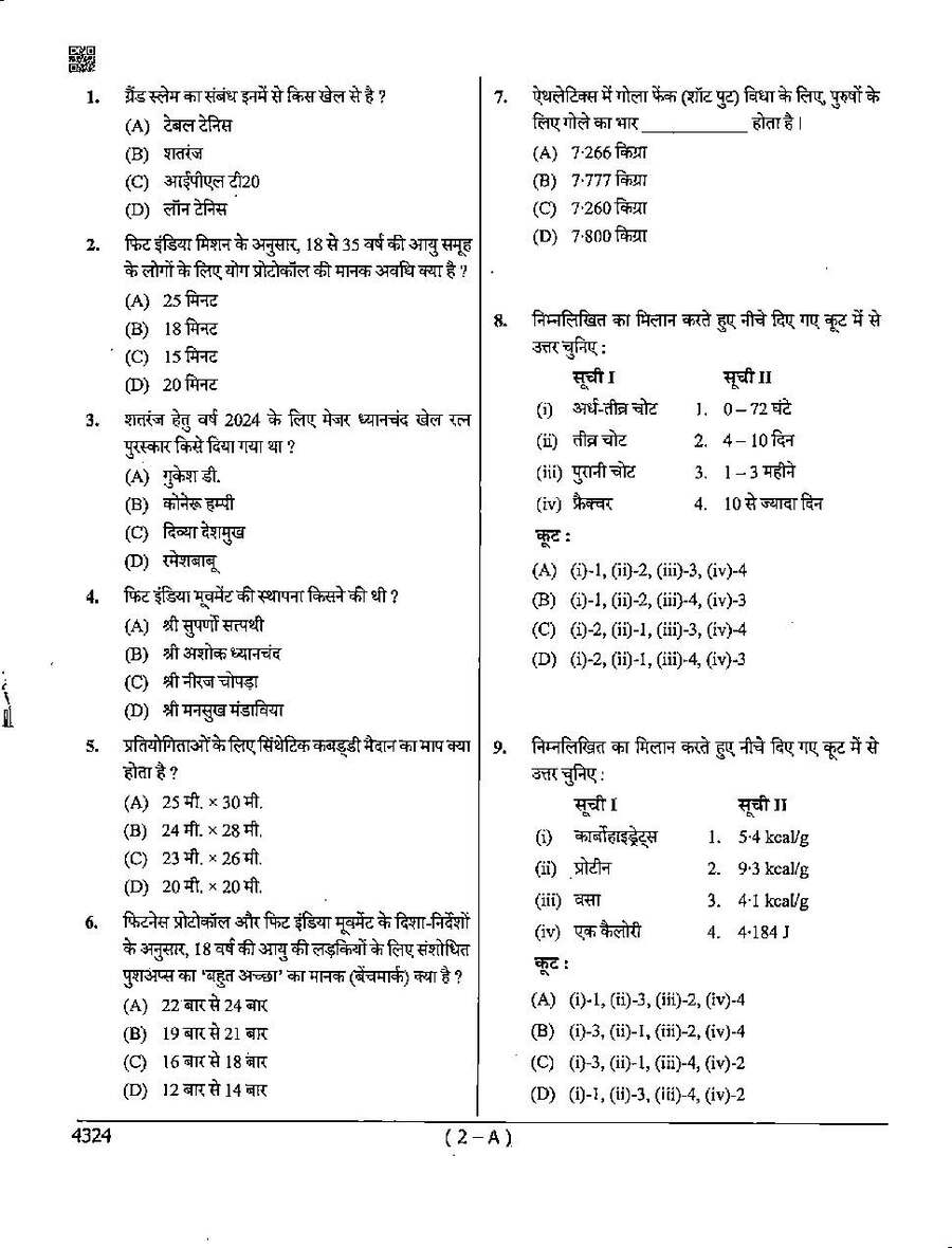 MPPSC Sports Officer 2024 Assistant Professor Librarian question paper page 1 instructions scan PDF download