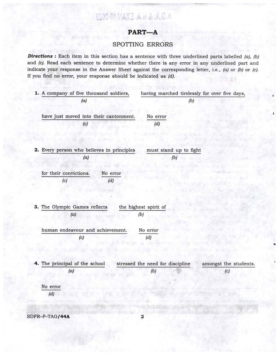 NDA NA Exam (I) 2022 General Ability Test question paper page 1 instructions scan PDF download UPSC