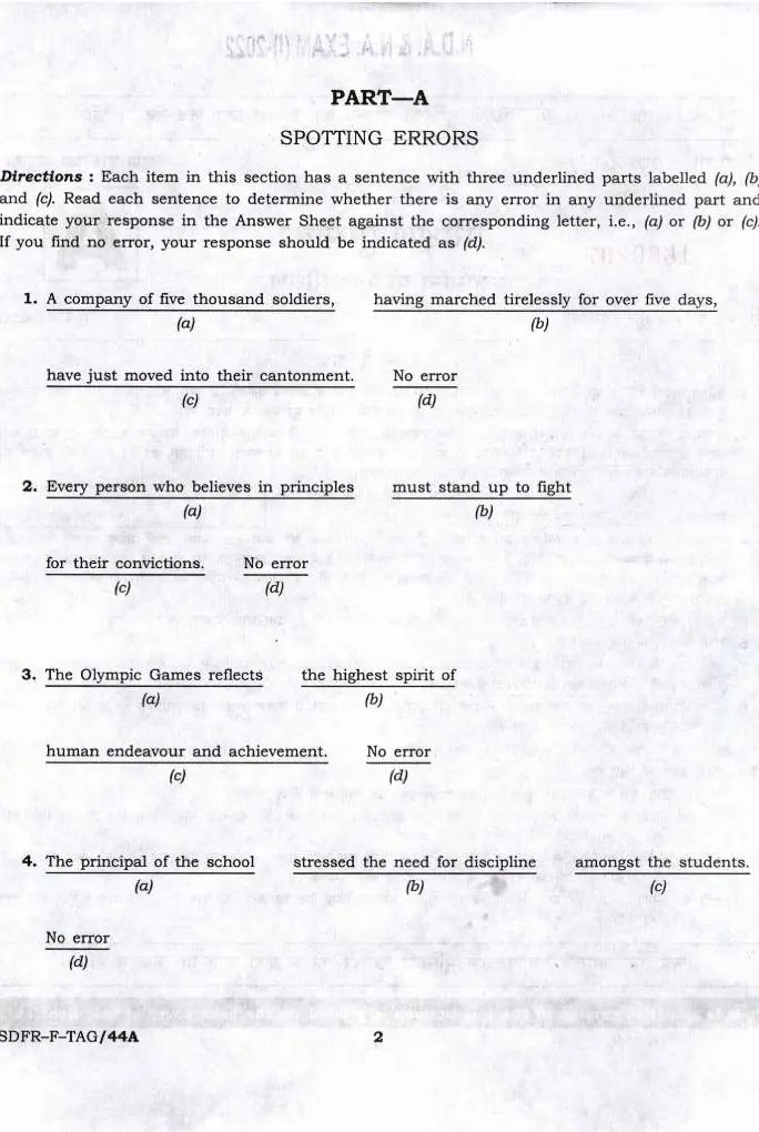 NDA NA Exam (I) 2022 General Ability Test question paper page 1 instructions scan PDF download UPSC
