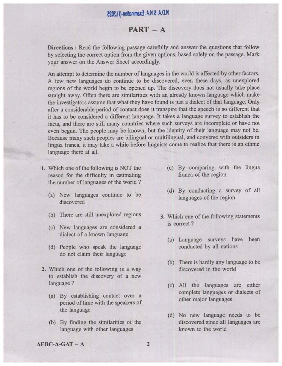 NDA NA (I) 2025 General Ability Test question paper page 1 instructions scan PDF download UPSC