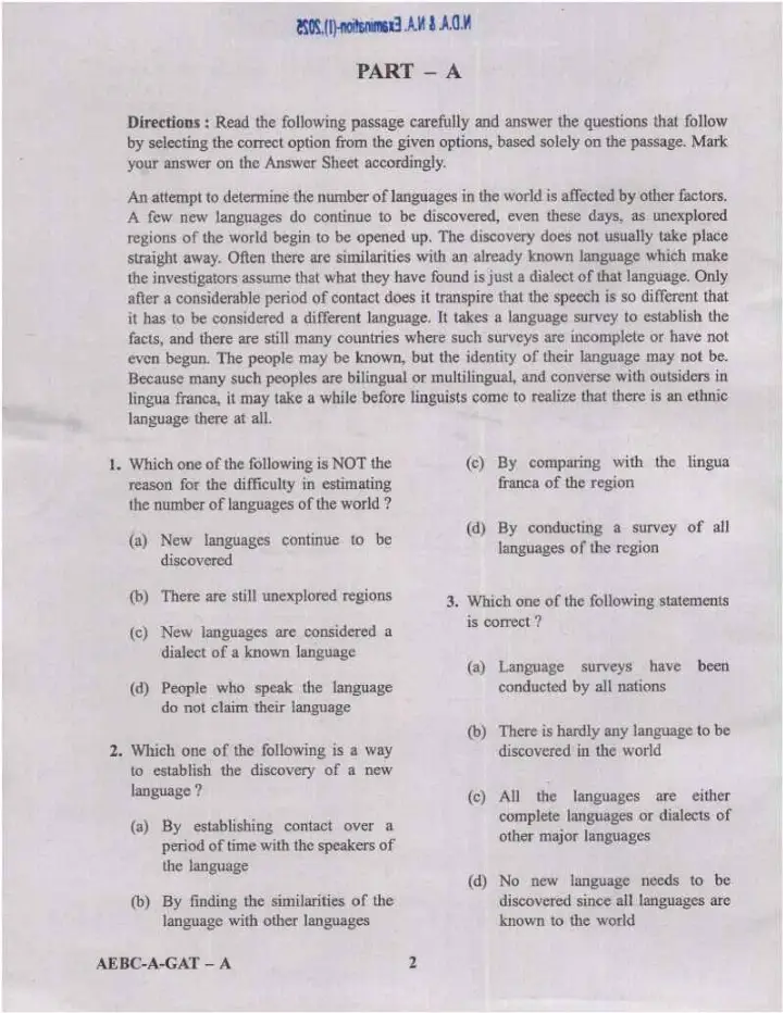 NDA NA (I) 2025 General Ability Test question paper page 1 instructions scan PDF download UPSC