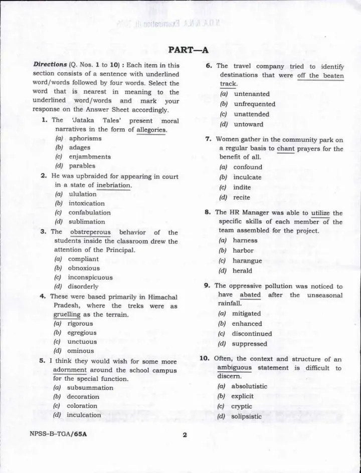 NDA I 2026 General Ability Test question paper page 1 instructions scan PDF download UPSC