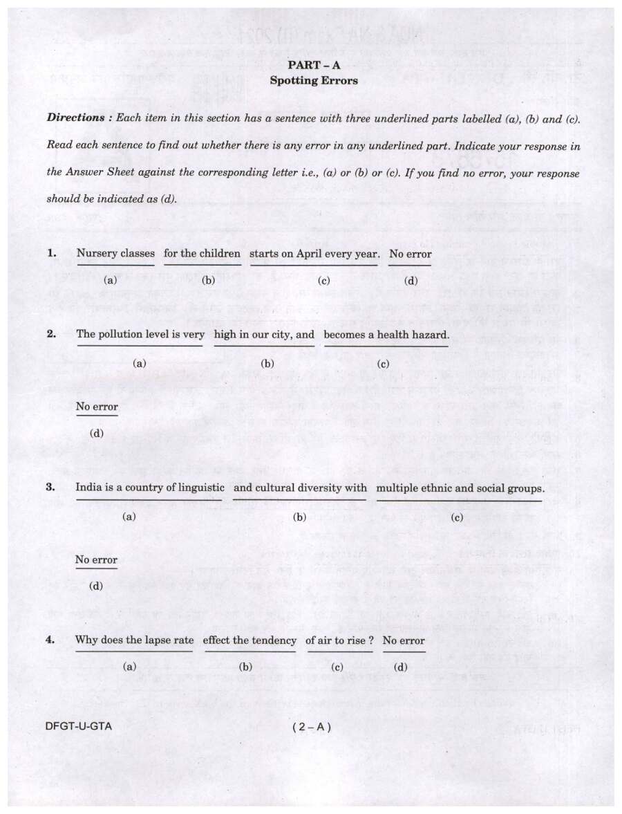 NDA NA II 2021 General Ability Test question paper page 1 instructions scan PDF download UPSC