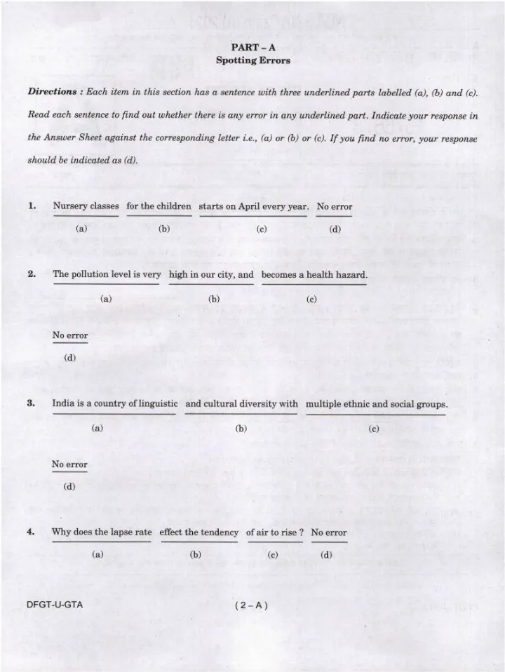 NDA NA II 2021 General Ability Test question paper page 1 instructions scan PDF download UPSC