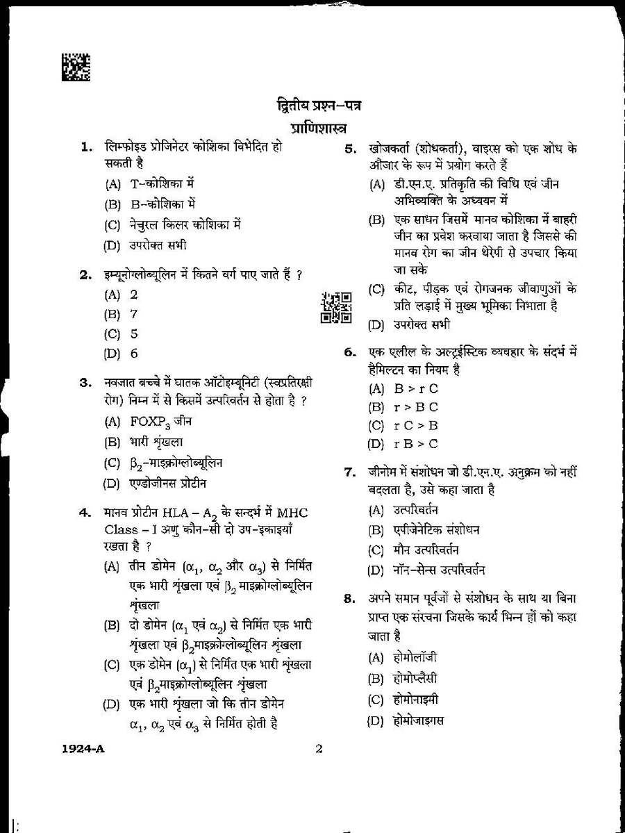 MPPSC Assistant Professor Zoology question paper 2024 page 1 instructions scan PDF download