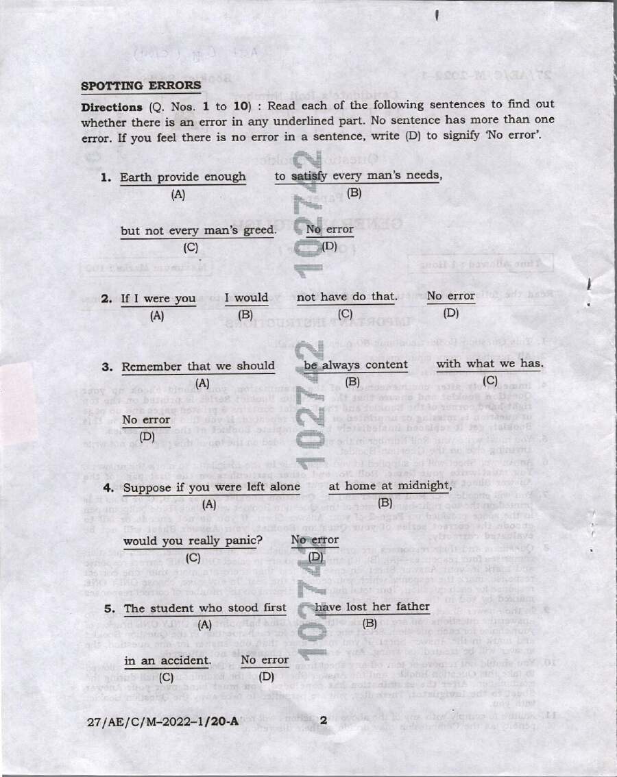 BPSC Assistant Engineer Civil-Mechanical-Electrical Paper I General English question paper page 1 instructions scan PDF download
