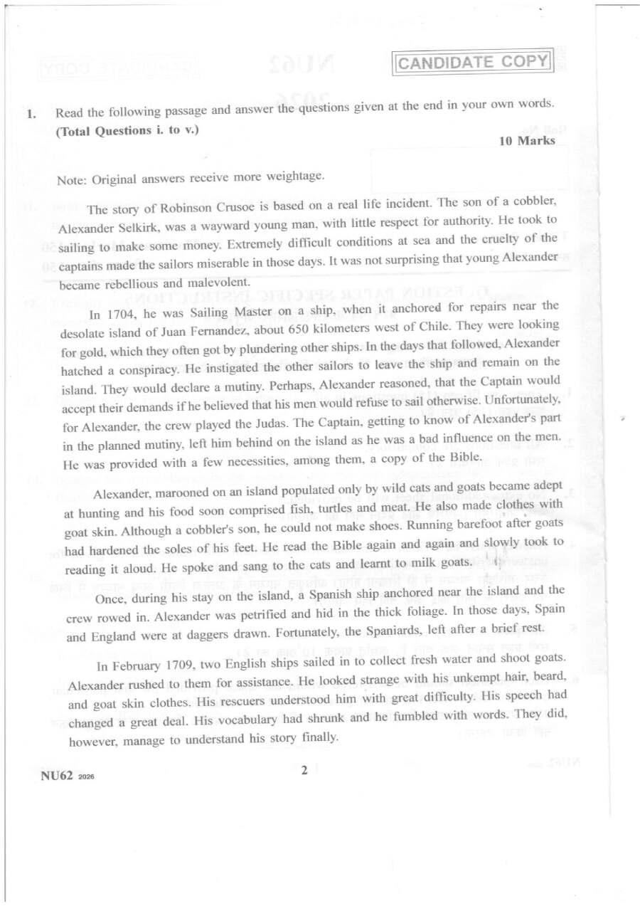 PGT-English 2026 NU62 header with candidate copy, maximum marks 150, 3 hours, bilingual instructions