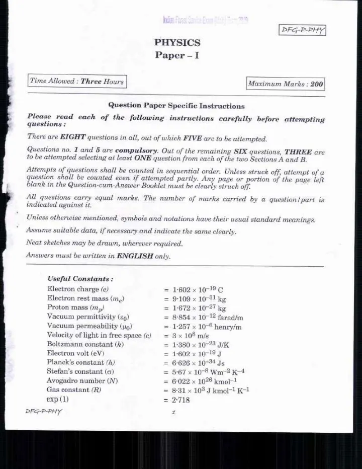 Physics Paper I - IFS Main 2019 (DFG-P-PHY) — page 1 instructions scan PDF download