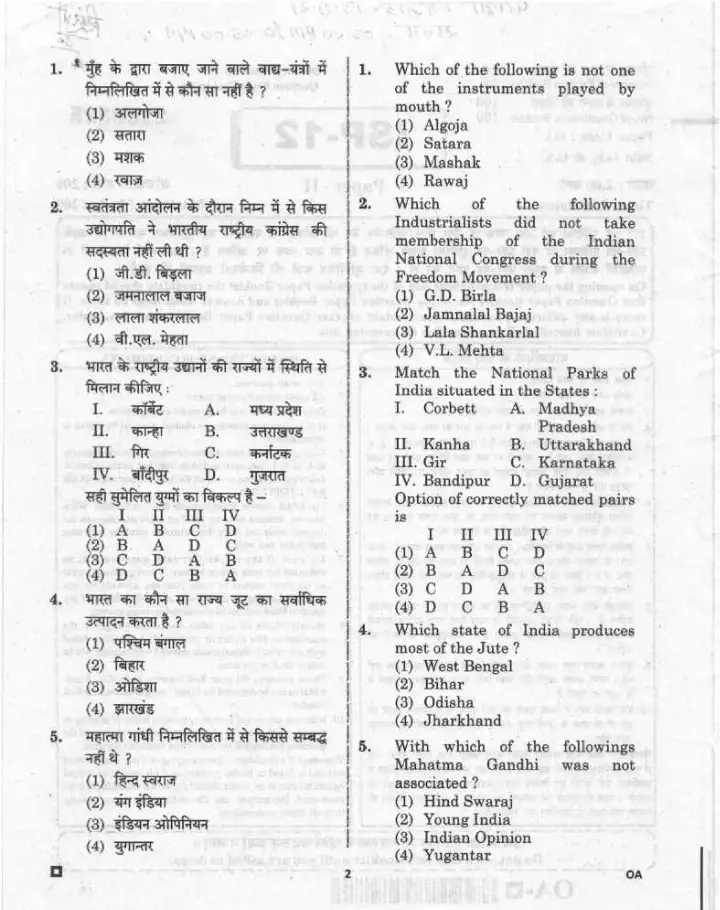 Sub Inspector Hindi 2021 Question Paper – OCR Repair — page 1 instructions scan PDF download