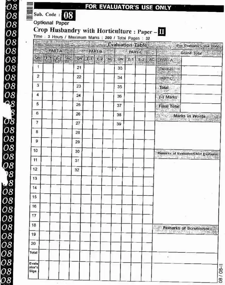 RAS RTS 2012 Crop Husbandry Horticulture Paper II Main question paper page 1 instructions scan PDF download. Includes RPSC exam details and evaluator fields.