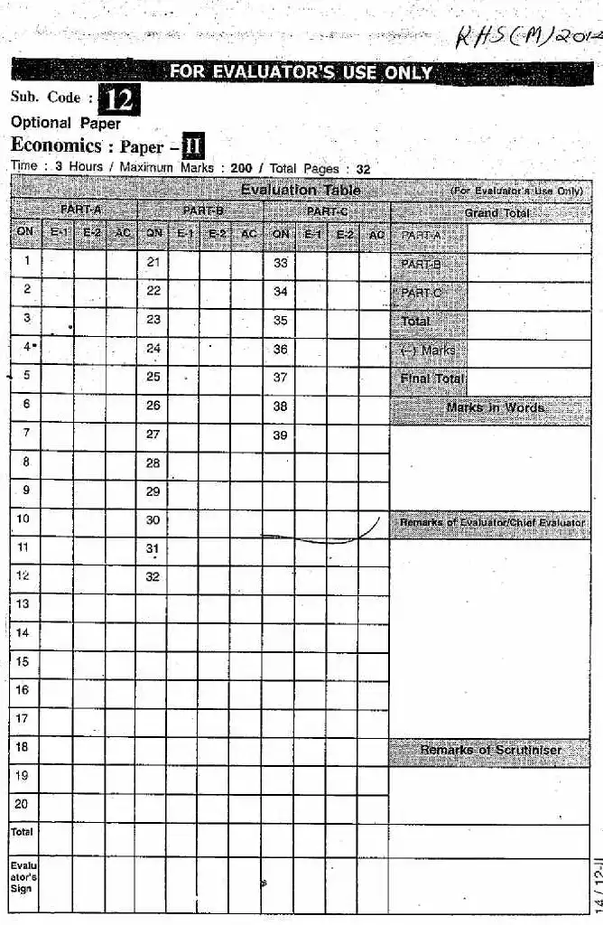 RAS RTS 2012 Economics Paper II Main Question Paper Page 1 — Instructions scan PDF download. RPSC RAS RTS Combined Competitive Exam 2012.