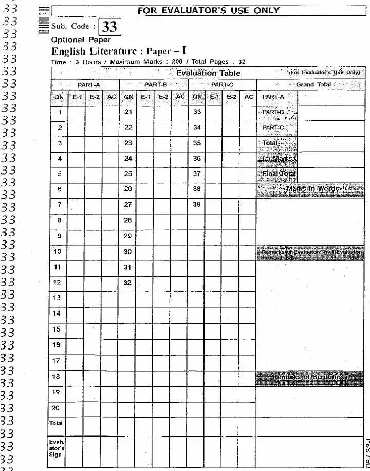 RAS RTS 2012 English Literature Paper-I (Main) question paper page 1 scan, showing RPSC exam header, subject code, marks, time, and evaluator use sections. PDF download.