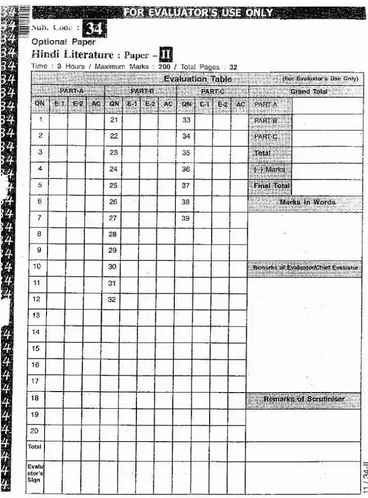 RAS I 2012 Hindi Literature Paper-II Main question paper page 1 instructions scan PDF download. Includes exam details, marks, time, and evaluation table.