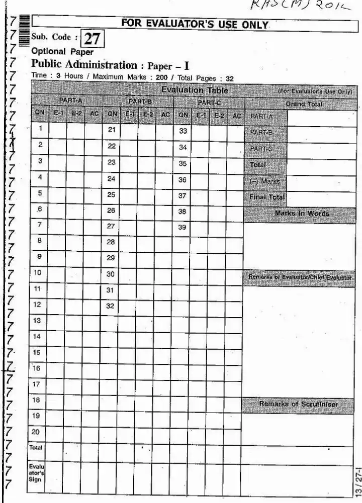 RAS RTS 2012 Public Administration Paper-I Main Question Paper Page 1 scan PDF download. Official RAS RTS 2012 Public Administration Paper-I (Main) question paper — page 1 showing exam header and evaluator's use sections.