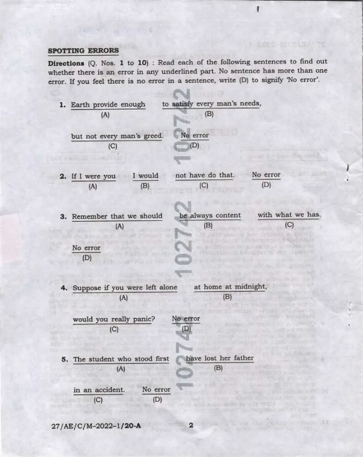 General English Paper-I MCQ (100 Marks) – Bihar Govt Exams — page 1 instructions scan PDF download