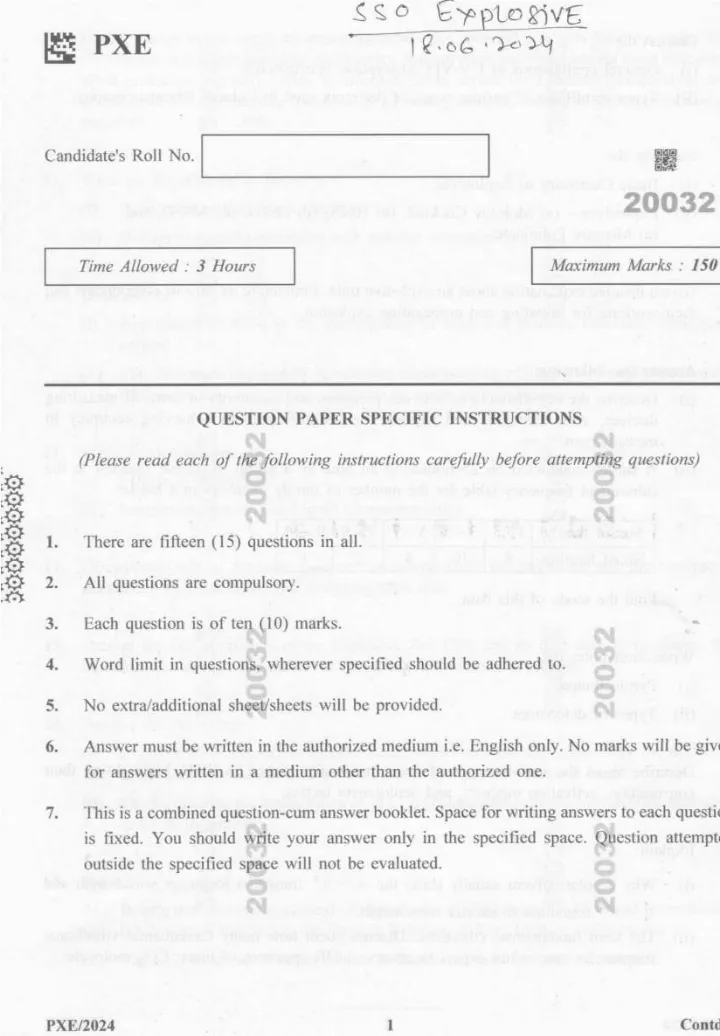 SSO Explosives Paper 2024 Haryana | 150 Marks, 3 Hours — page 1 instructions scan PDF download