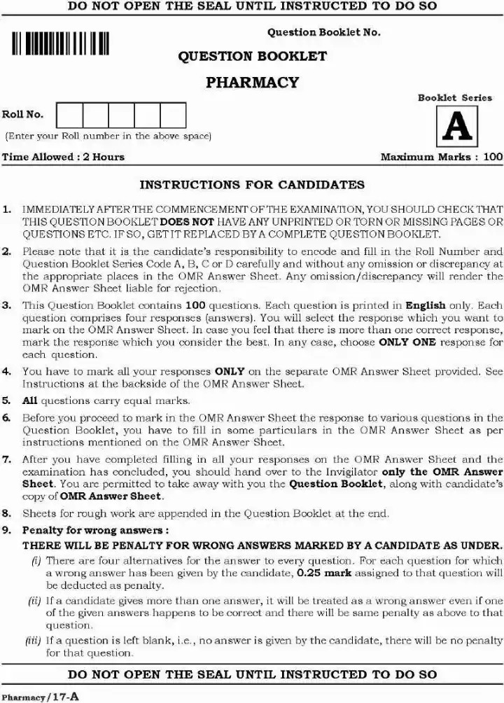 Lecturer in Pharmacy Exam 2021 – Haryana — page 1 instructions scan PDF download