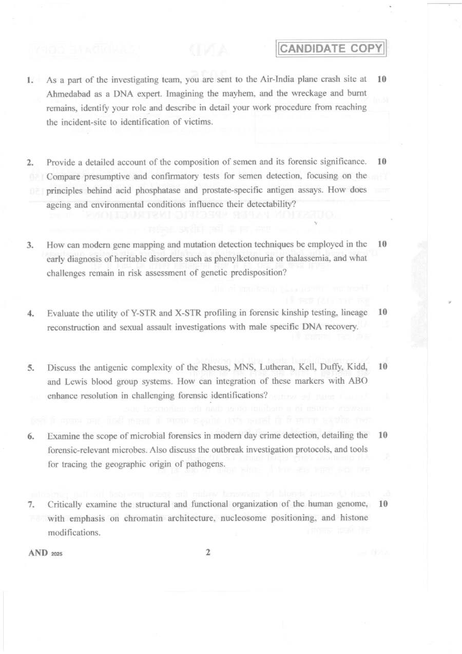 Exam header, bilingual languages, instructions, duration, marks, and paper details for the 2025 Assistant Director (DNA) paper