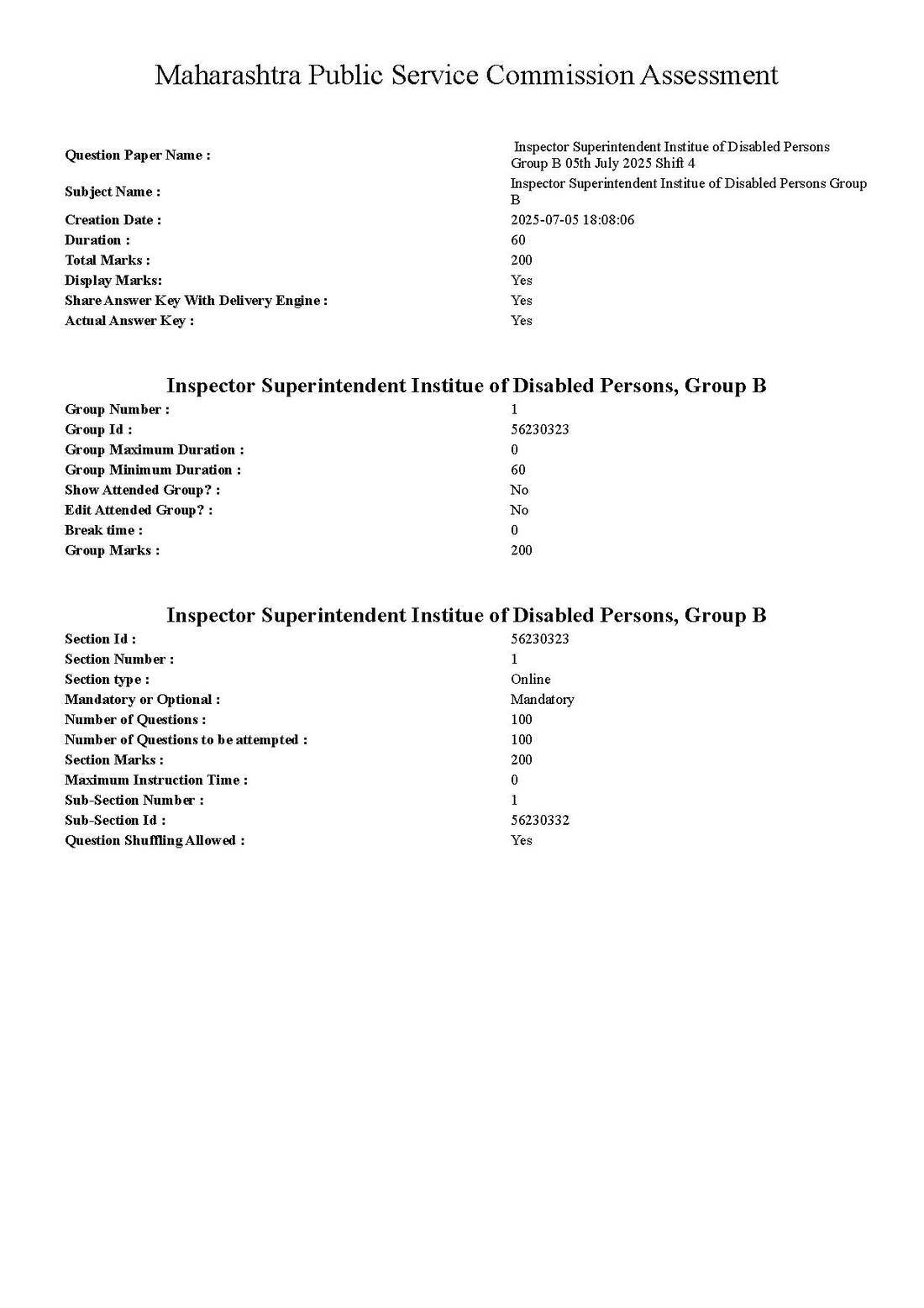 MPSC Group B Inspector Paper 2025 MCQ — page 1 instructions scan PDF download