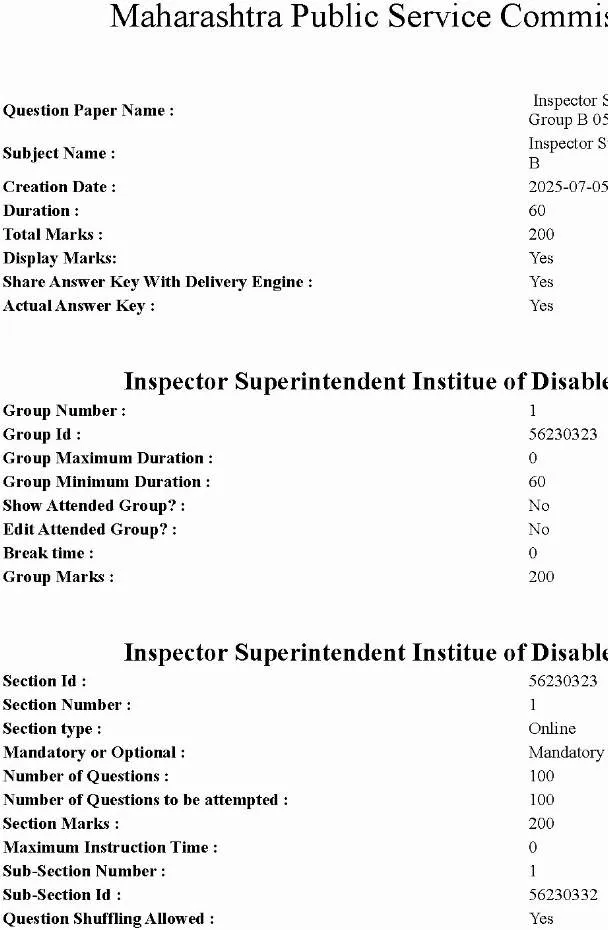 MPSC Group B Inspector Paper 2025 MCQ — page 1 instructions scan PDF download