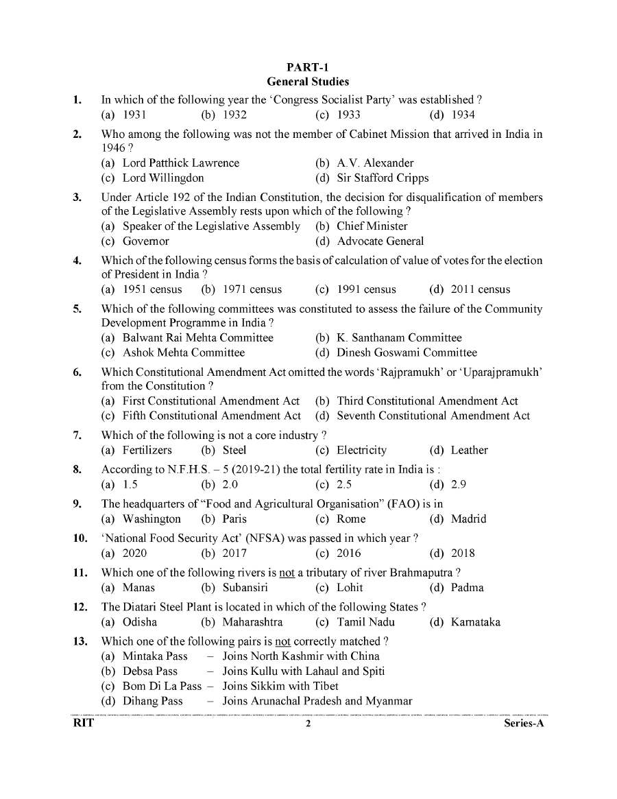 RIT Exam 2023 General Studies Technical Knowledge and General Aptitude Test question paper page 1 scan, showing exam title and instructions for candidates. UKPSC RIT Exam PDF download.