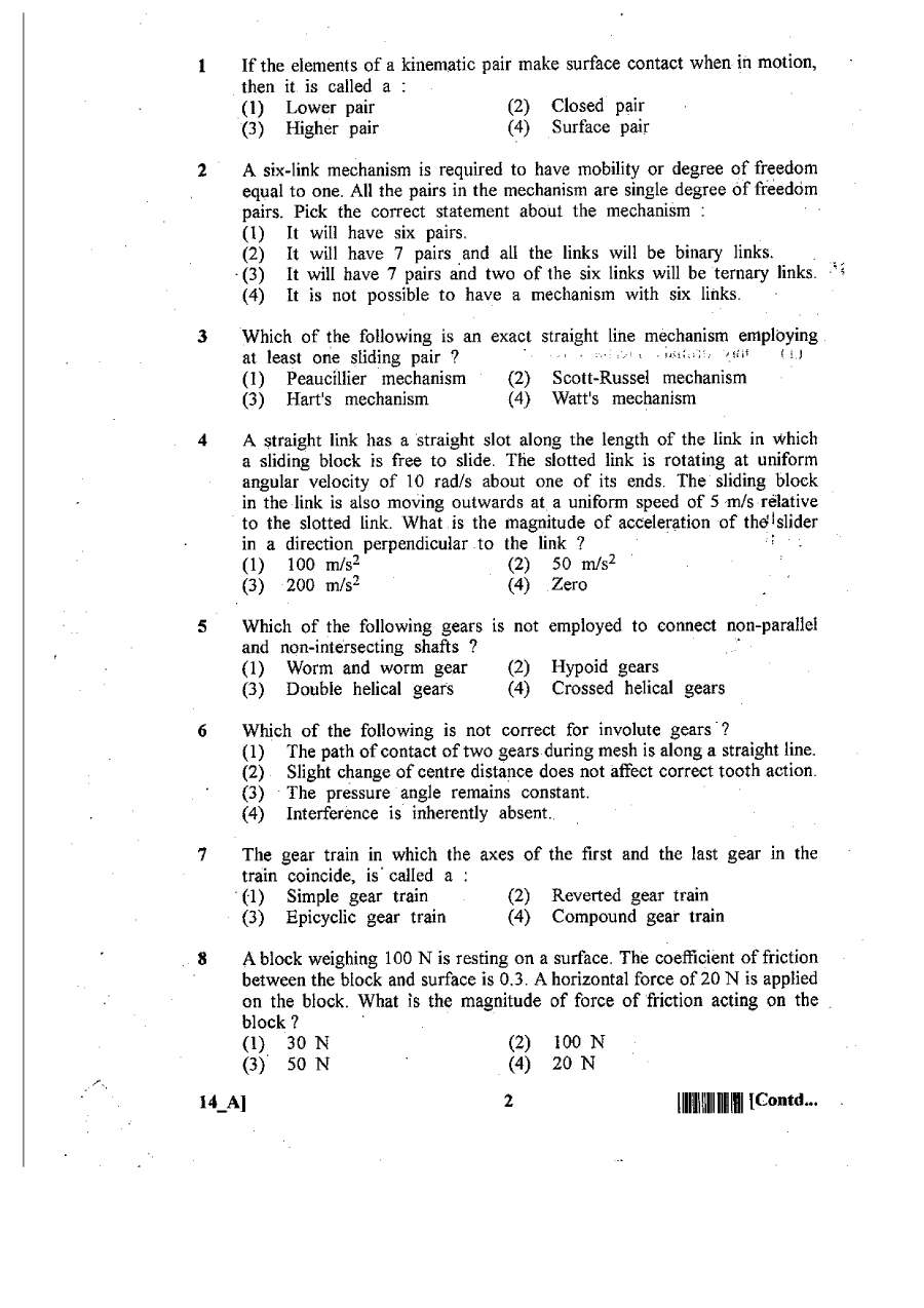 RPSC AEN Pre Mechanical Engineering 2013 question paper page 1 instructions scan PDF download