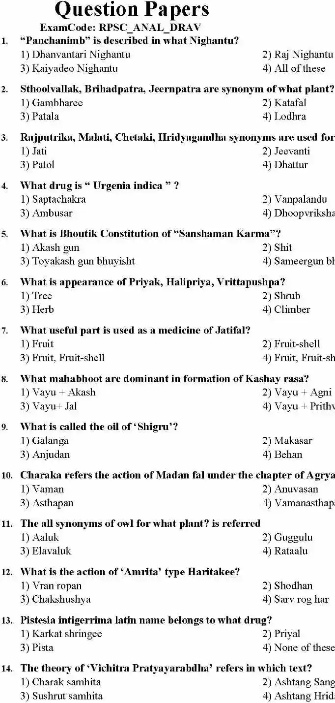 RPSC Analyst 2014 Dravyaguna question paper page 1 scan, showing exam code RPSC_ANAL_DRAV, paper title, and initial objective MCQs. PDF download available.