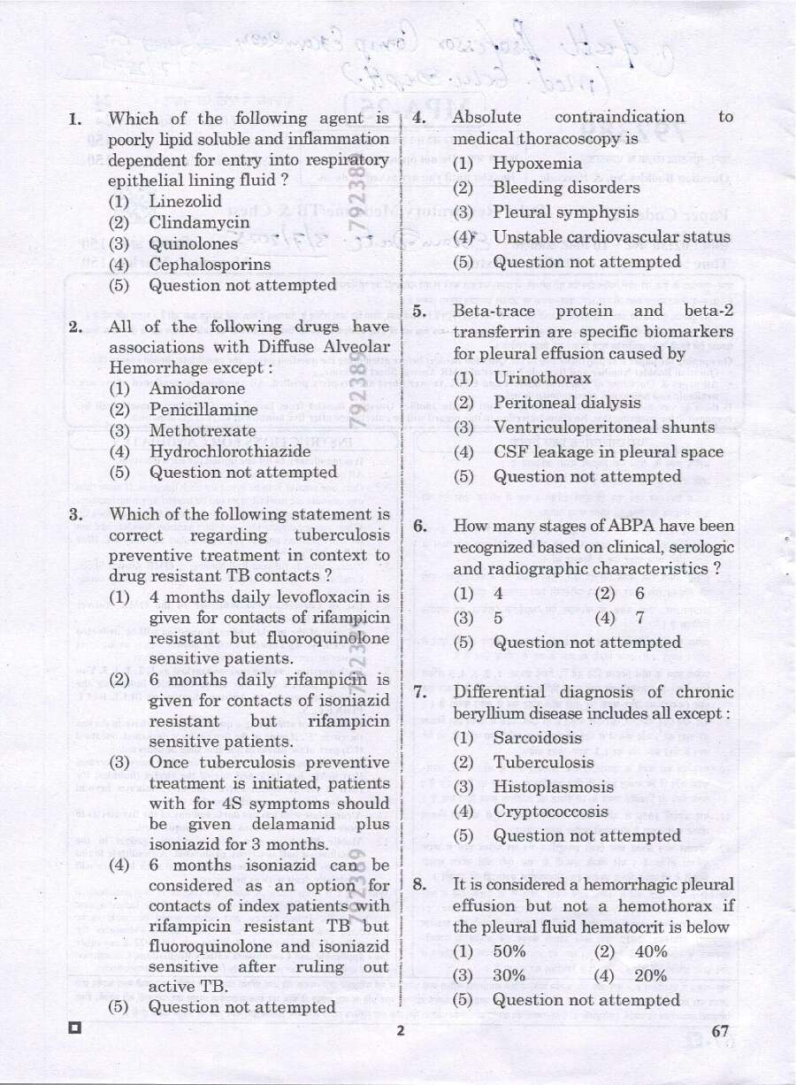 RPSC Assistant Professor Medical Education Department 2024 Respiratory Medicine/TB and Chest question paper page 1 instructions scan PDF download