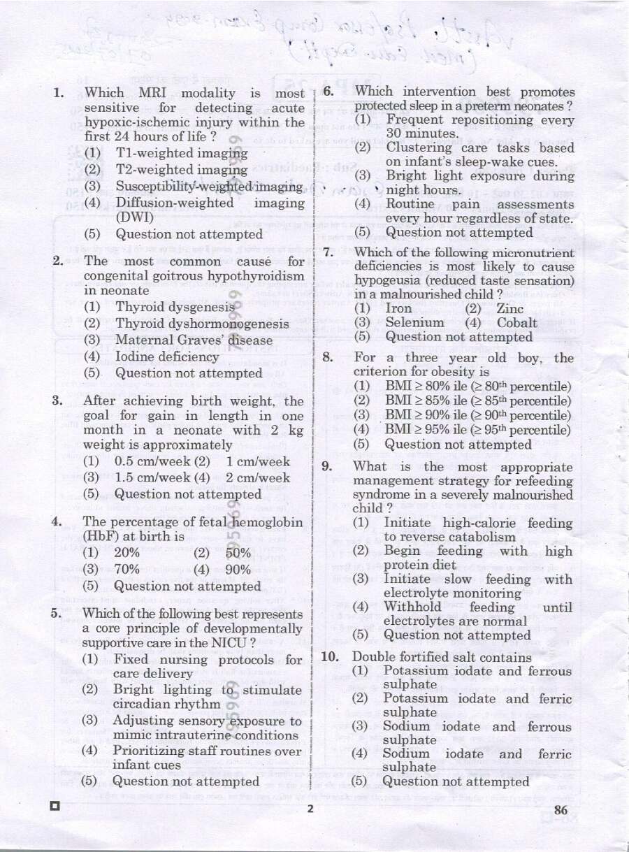 RPSC Assistant Professor Paediatrics question paper 2024 page 1 scan, showing exam name, paper code 86, subject Paediatrics, time, marks, and candidate instructions in Hindi and English. PDF download.