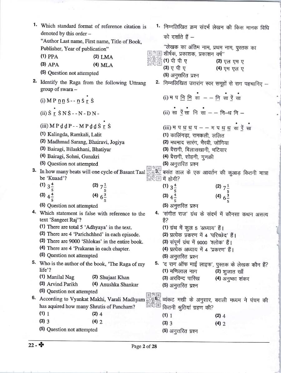 RPSC Asst. Prof. Music (Sitar) Paper II 2023 question paper page 1 instructions scan PDF download