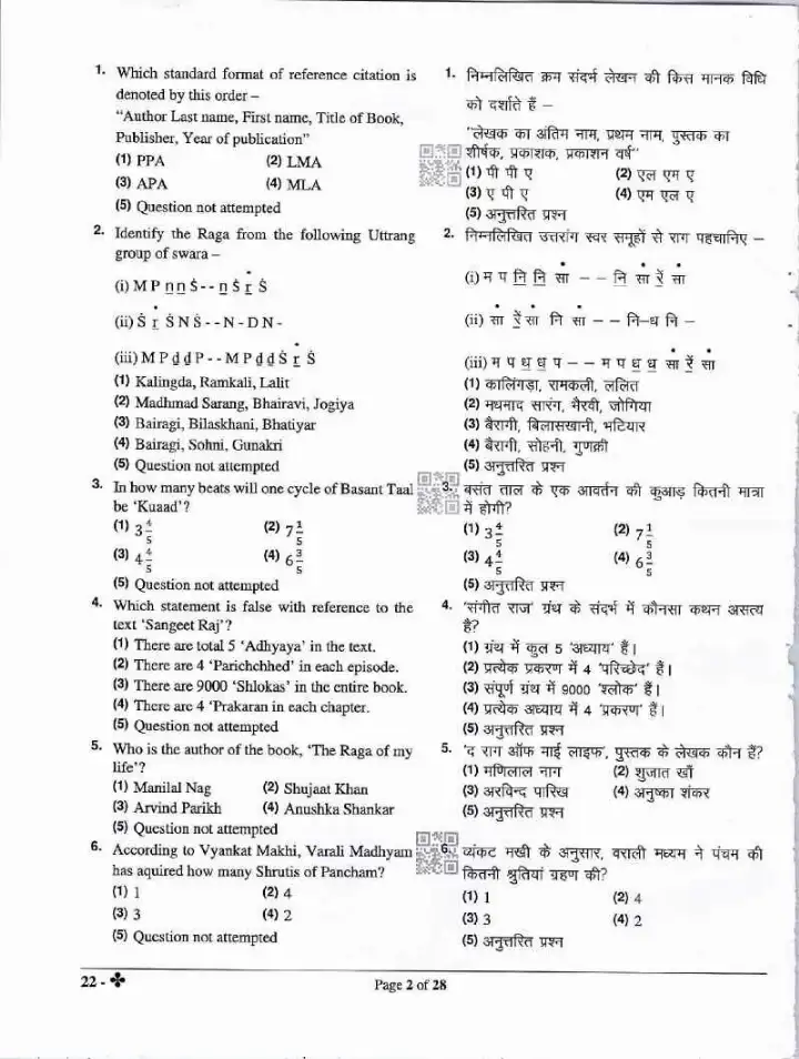 RPSC Asst. Prof. Music (Sitar) Paper II 2023 question paper page 1 instructions scan PDF download