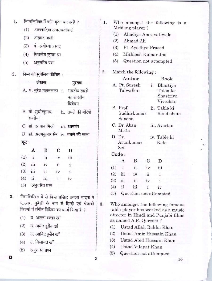 RPSC Asst. Prof., Librarian & PTI Exam 2023 Music Tabla Paper II question paper page 1 scan, showing exam details, paper code, marks, time, and candidate instructions. PDF download.