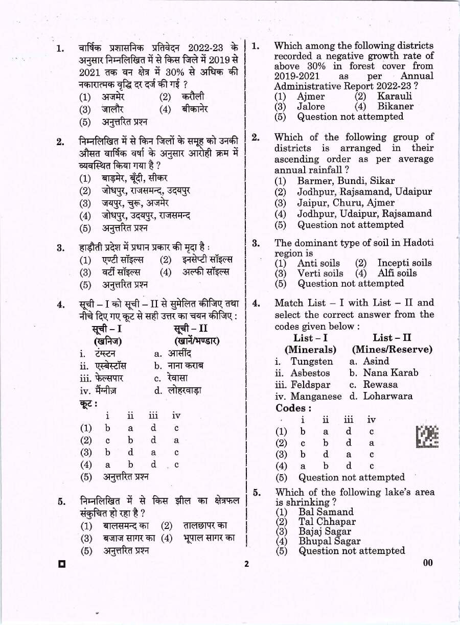 RPSC Asst. Prof., Librarian & PTI Exam 2023 Paper-III General Studies of Rajasthan question paper page 1 scan PDF download, showing exam header and candidate instructions.