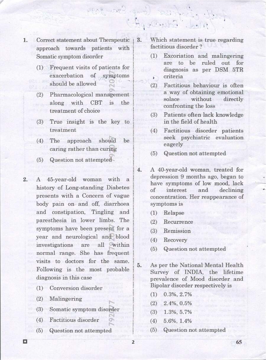 RPSC Asst. Professor Psychiatry question paper 2024 page 1 instructions scan PDF download