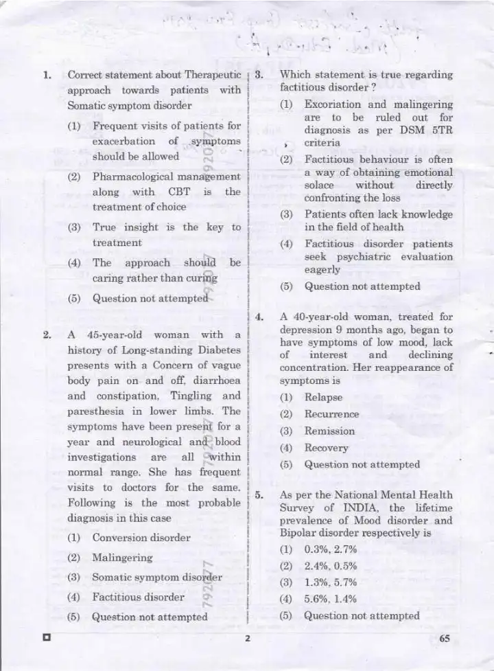 RPSC Asst. Professor Psychiatry question paper 2024 page 1 instructions scan PDF download
