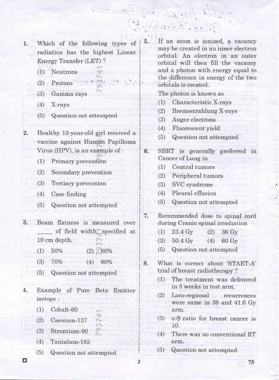 RPSC Asst. Professor Medical Edu. 2024 Radiation Oncology/Radiotherapy question paper page 1 scan PDF download, showing exam instructions and header.