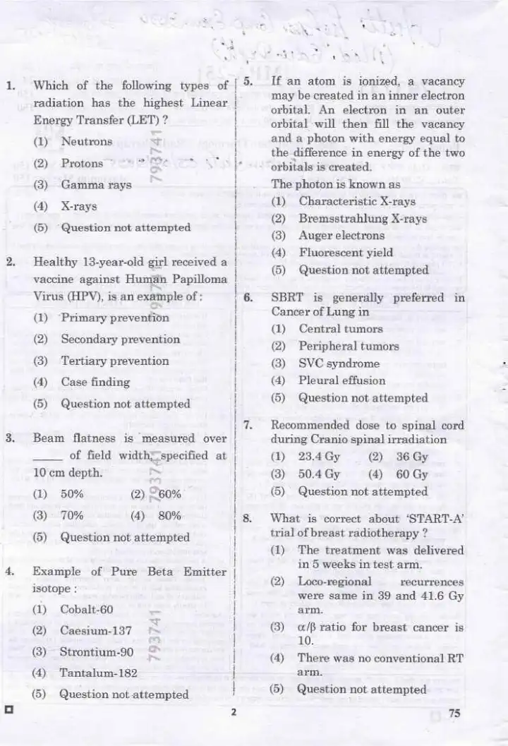 RPSC Asst. Professor Medical Edu. 2024 Radiation Oncology/Radiotherapy question paper page 1 scan PDF download, showing exam instructions and header.