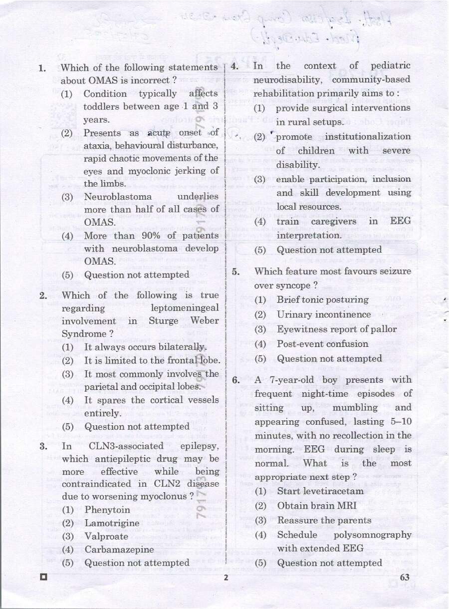 RPSC Asst. Professor Medical Edu. Comp. Exam 2024 Paediatric Neurology question paper page 1 scan PDF download, showing exam instructions and header.