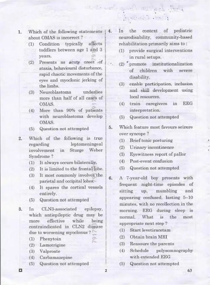 RPSC Asst. Professor Medical Edu. Comp. Exam 2024 Paediatric Neurology question paper page 1 scan PDF download, showing exam instructions and header.
